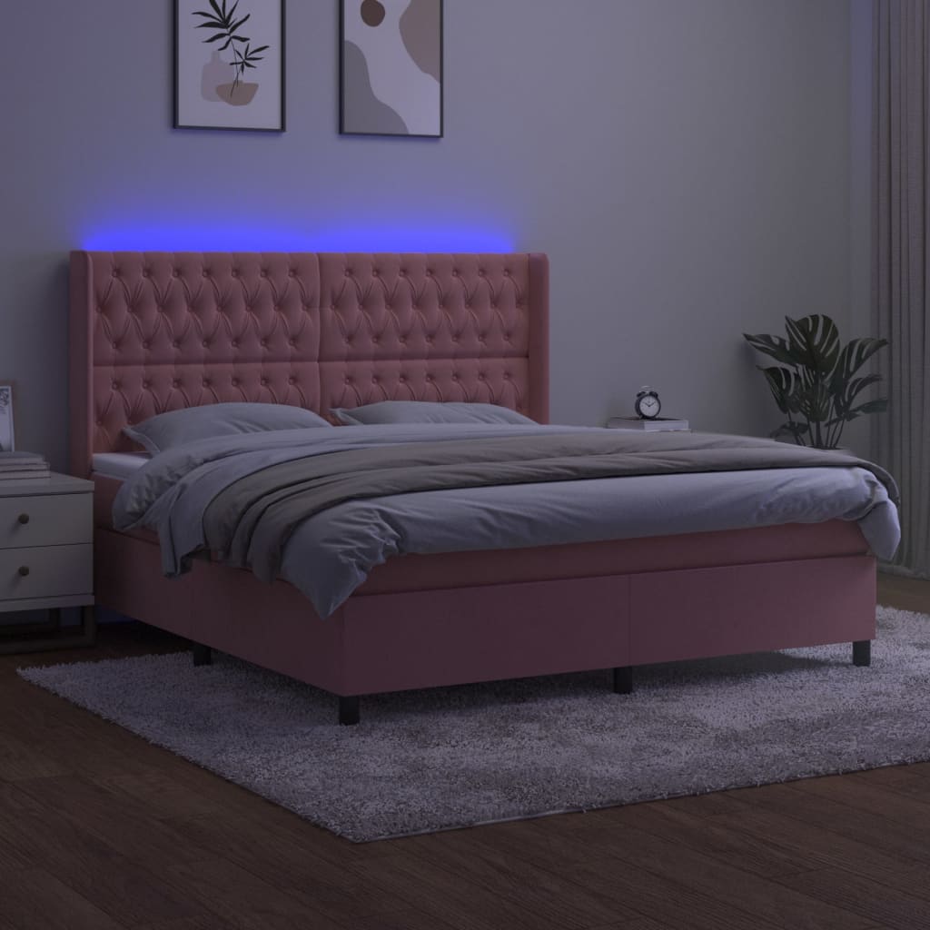 Krevet box spring s madracem LED ružičasti 180x200cm baršunasti