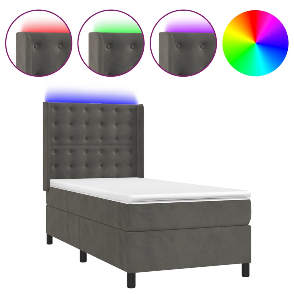 Krevet box spring s madracem LED tamnosivi 90x190 cm baršun
