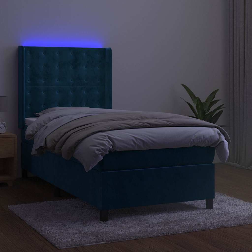 Krevet box spring s madracem LED tamnoplavi 90x190 cm baršun