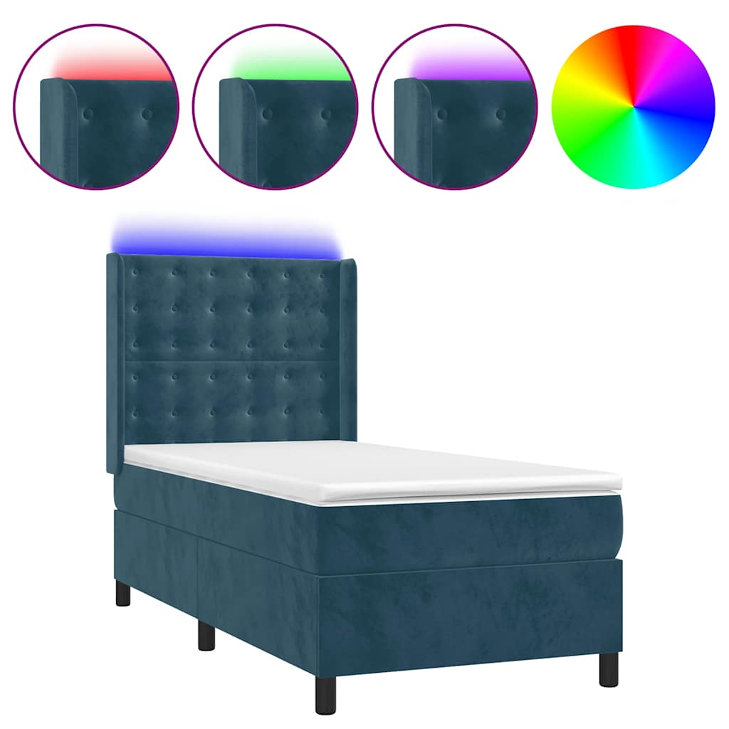 Krevet box spring s madracem LED tamnoplavi 90x200 cm baršun