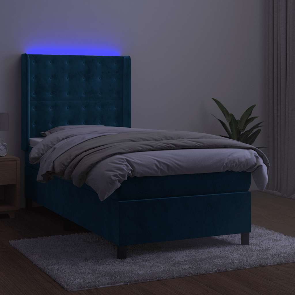 Krevet box spring s madracem LED tamnoplavi 90x200 cm baršun