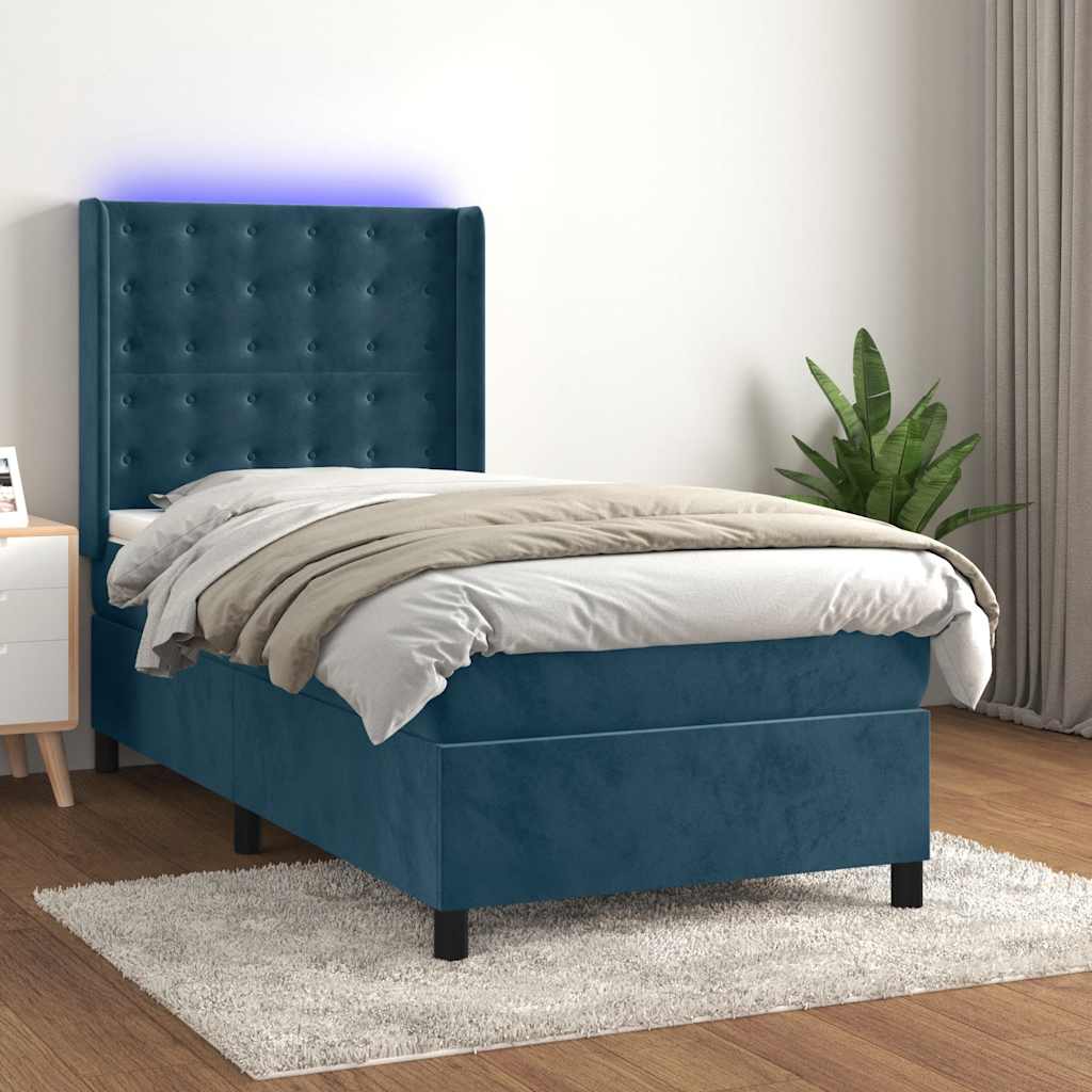 Krevet box spring s madracem LED tamnoplavi 90x200 cm baršun