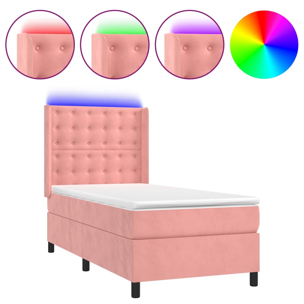 Krevet box spring s madracem LED ružičasti 90x200 cm baršunasti