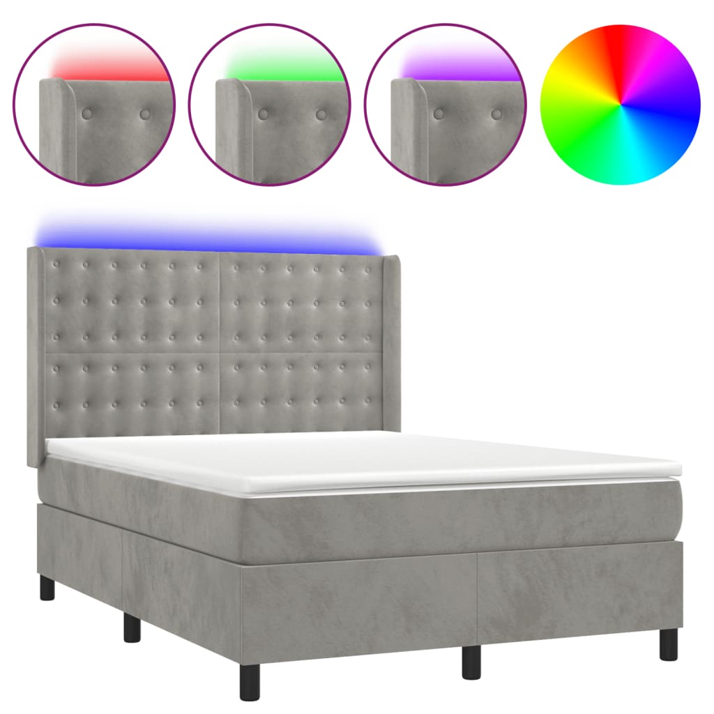 Krevet box spring s madracem LED svjetlosivi 140x190 cm baršun