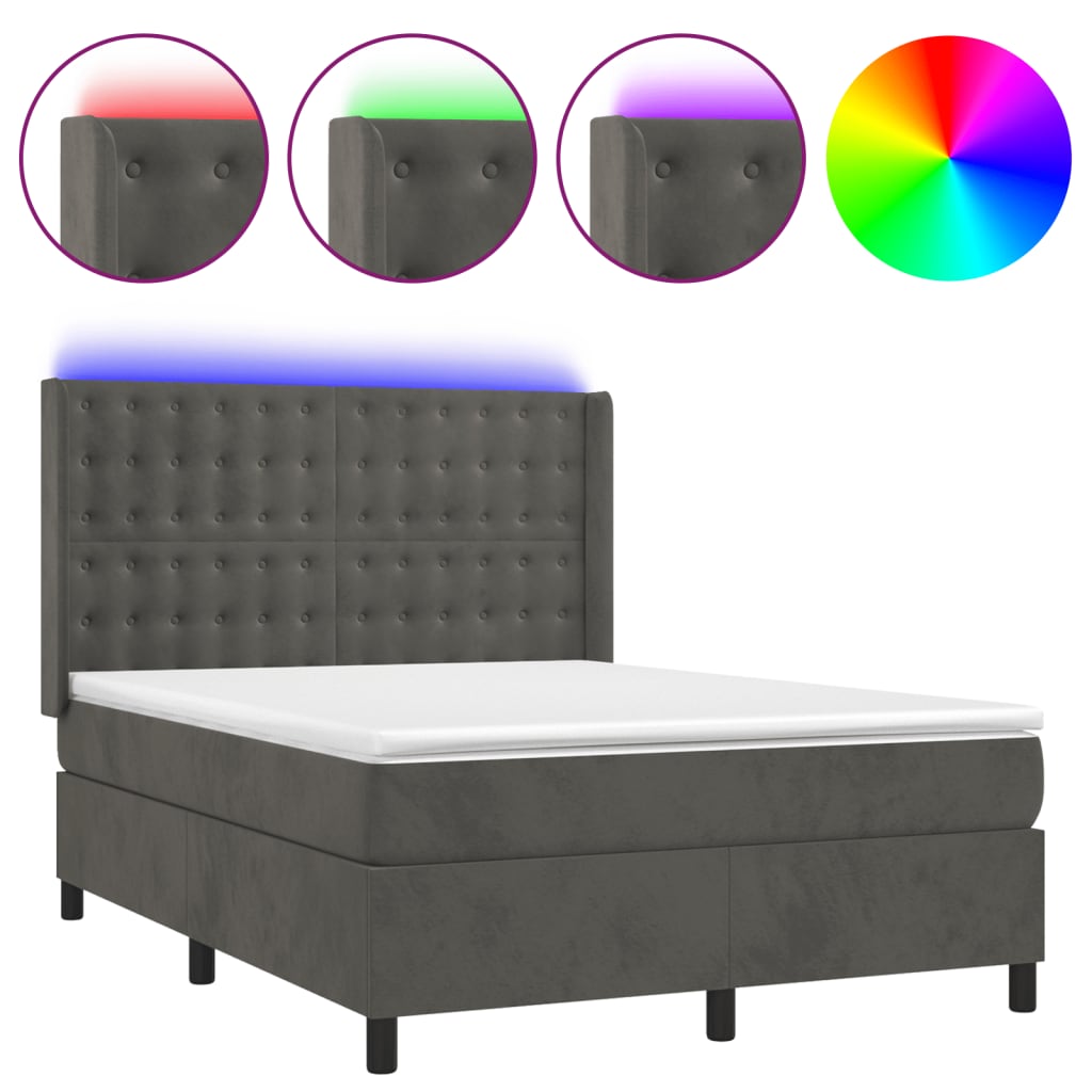 Krevet box spring s madracem LED tamnosivi 140x190 cm baršun