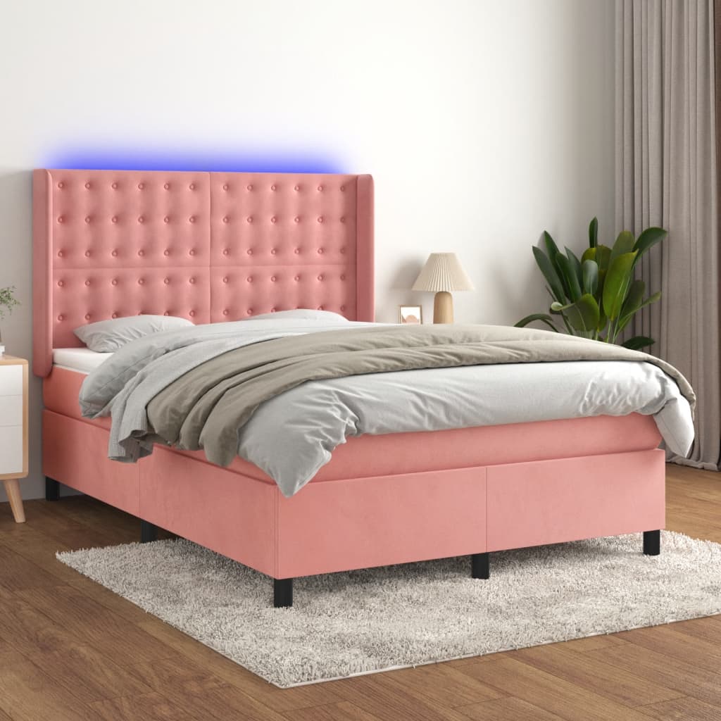 Krevet box spring s madracem LED ružičasti 140x190cm baršunasti