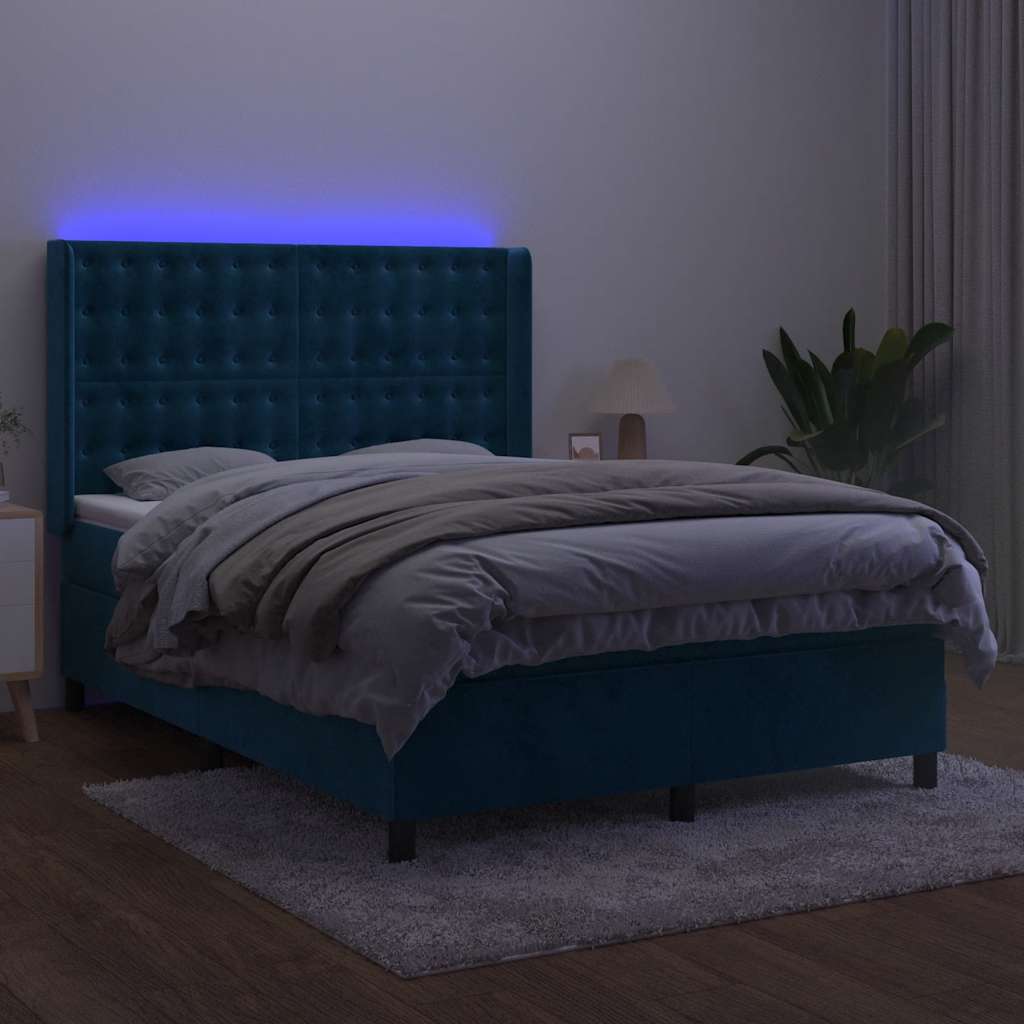 Krevet box spring s madracem LED tamnoplavi 140x200 cm baršun