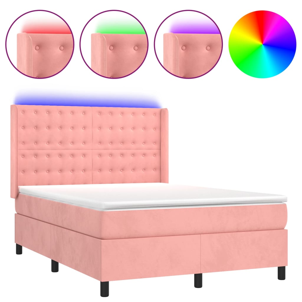 Krevet box spring s madracem LED ružičasti 140x200cm baršunasti