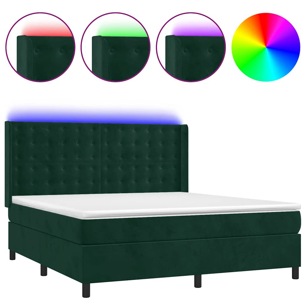 Krevet box spring s madracem LED tamnozeleni 160x200 cm baršun