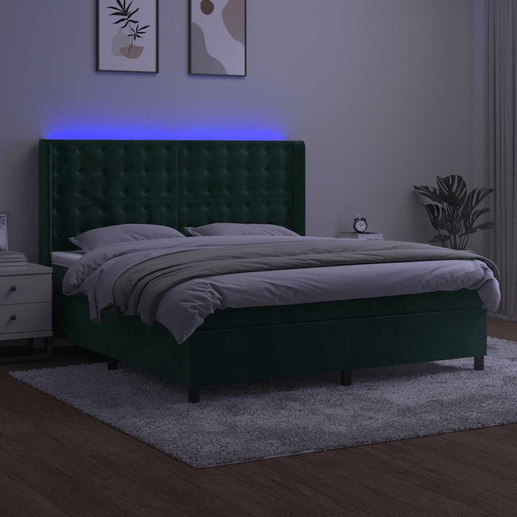 Krevet box spring s madracem LED tamnozeleni 160x200 cm baršun