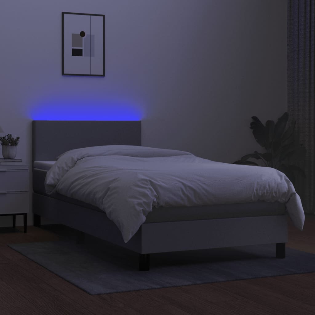 Krevet box spring s madracem LED svjetlosivi 90x200 cm tkanina