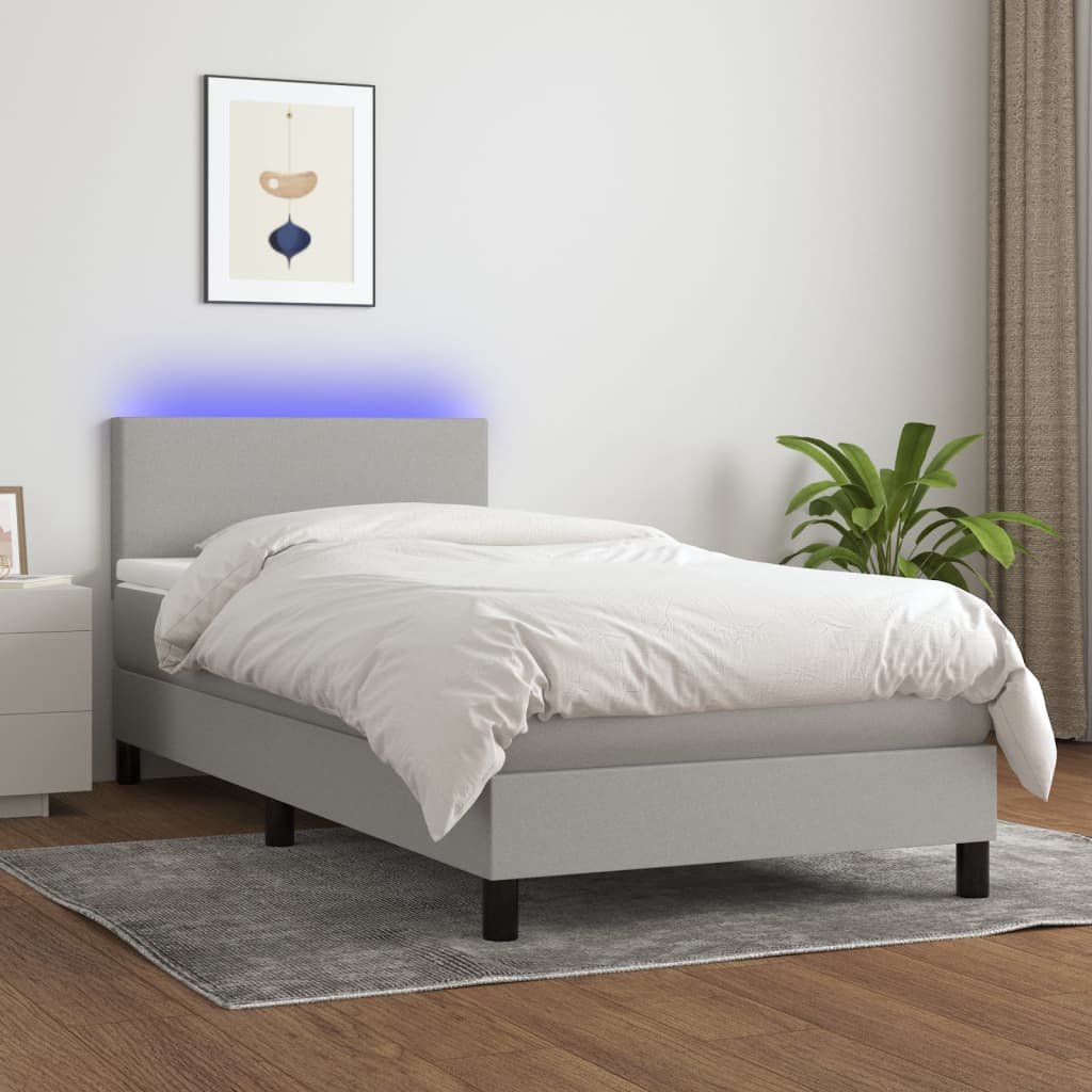 Krevet box spring s madracem LED svjetlosivi 100x200 cm tkanina