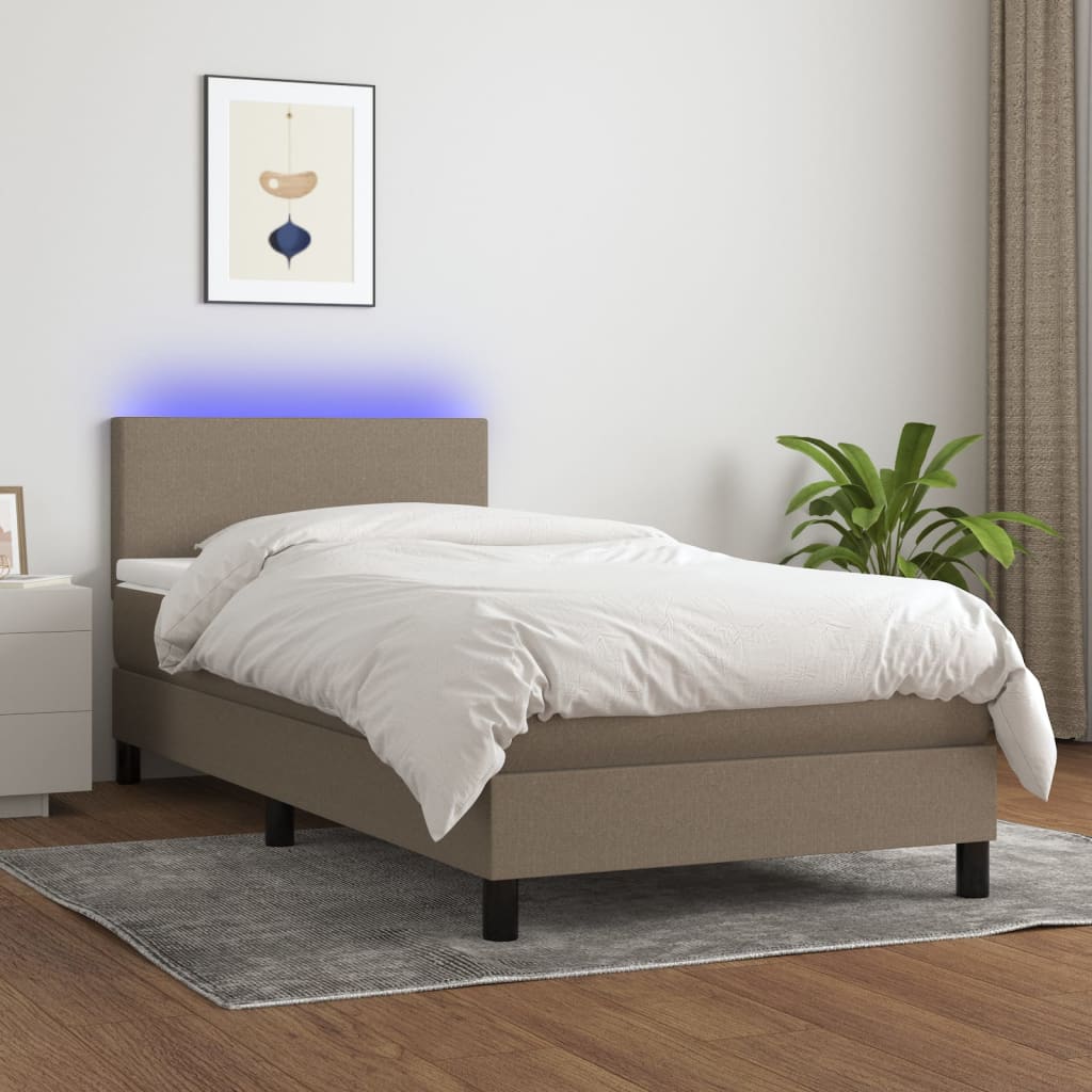 Krevet box spring s madracem LED smeđesivi 100x200 cm tkanina