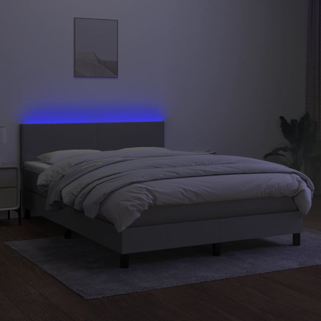 Krevet box spring s madracem LED svjetlosivi 140x190 cm tkanina