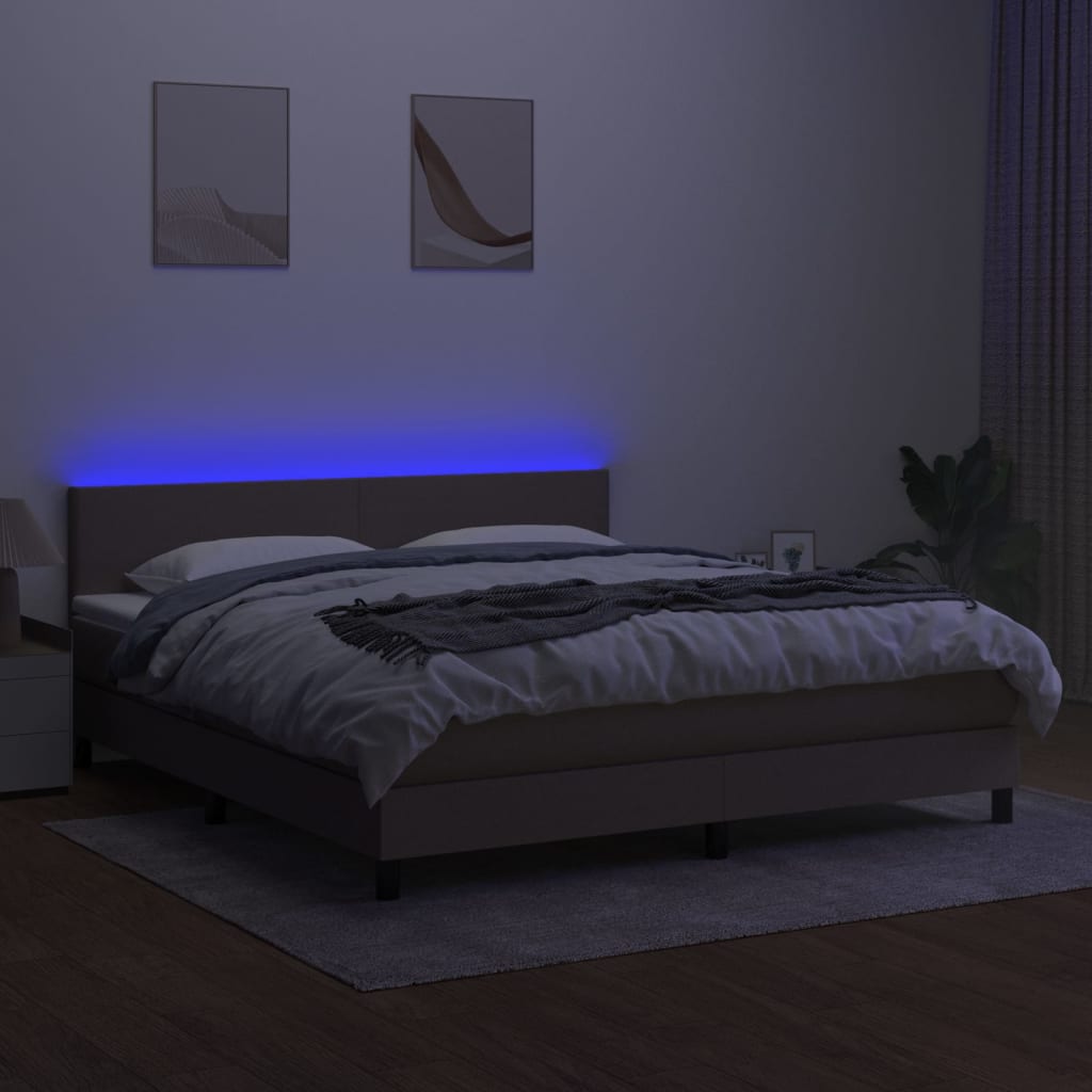 Krevet box spring s madracem LED smeđesivi 160x200 cm tkanina