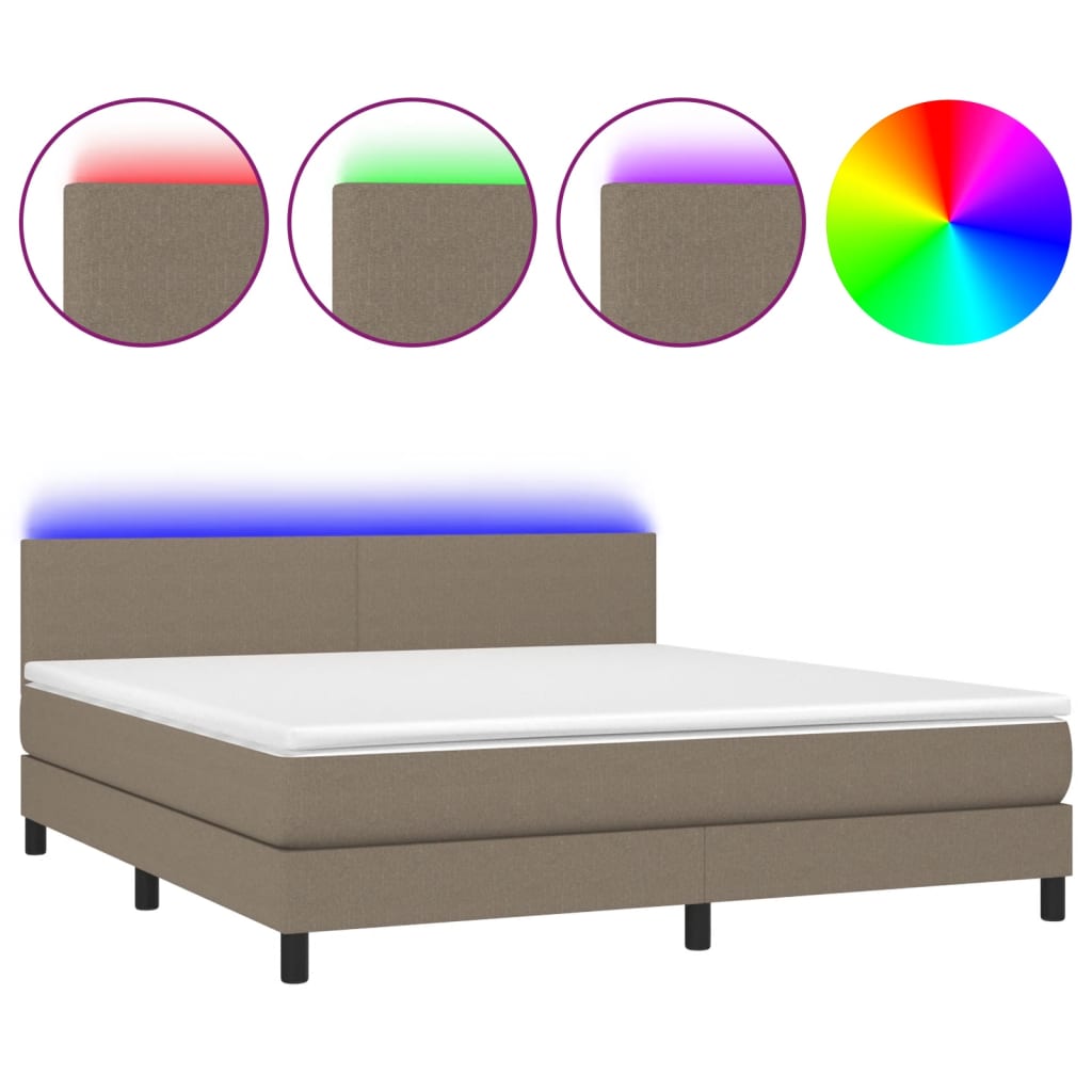 Krevet box spring s madracem LED smeđesivi 180x200 cm tkanina