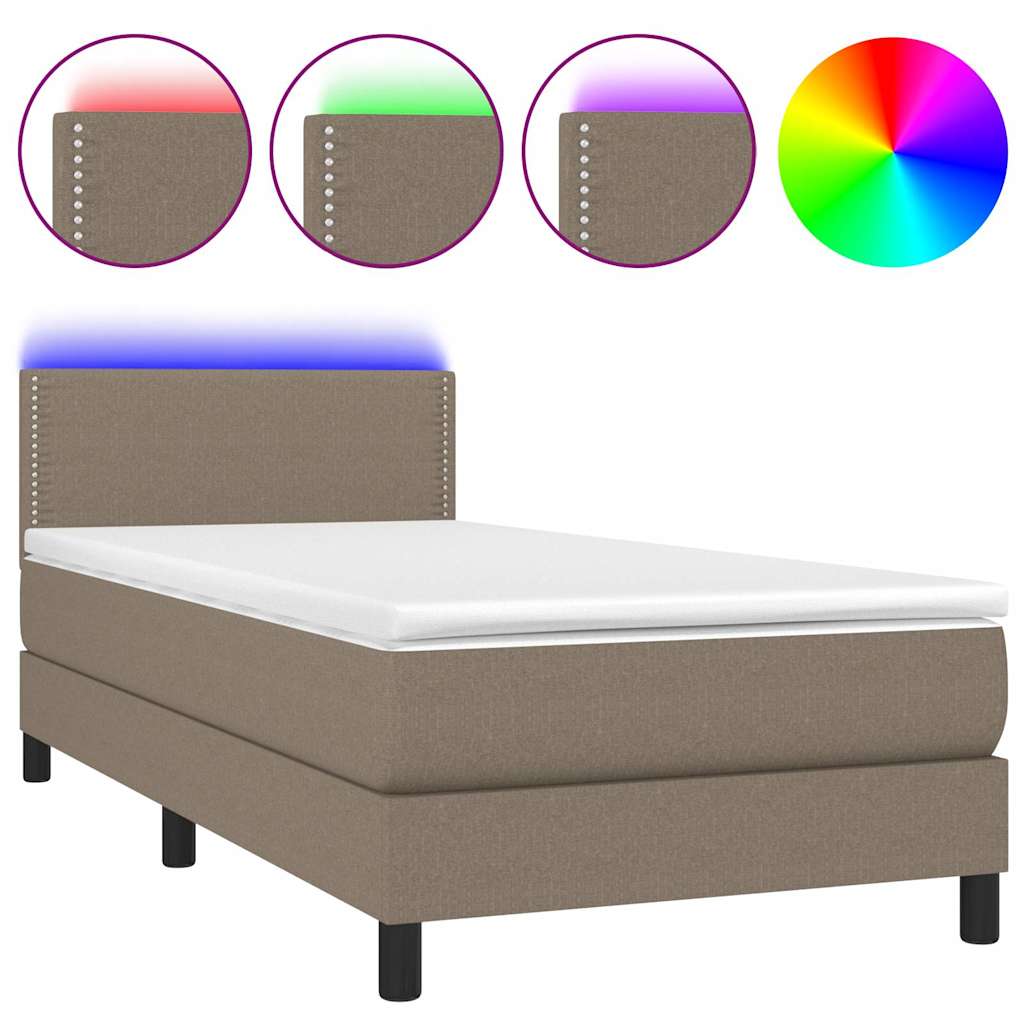Krevet box spring s madracem LED smeđesivi 90x190 cm tkanina