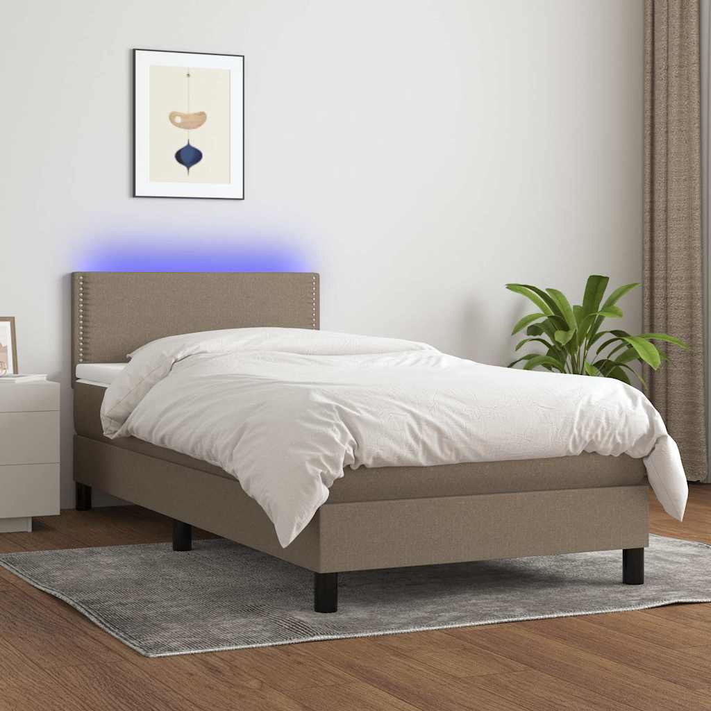 Krevet box spring s madracem LED smeđesivi 90x190 cm tkanina