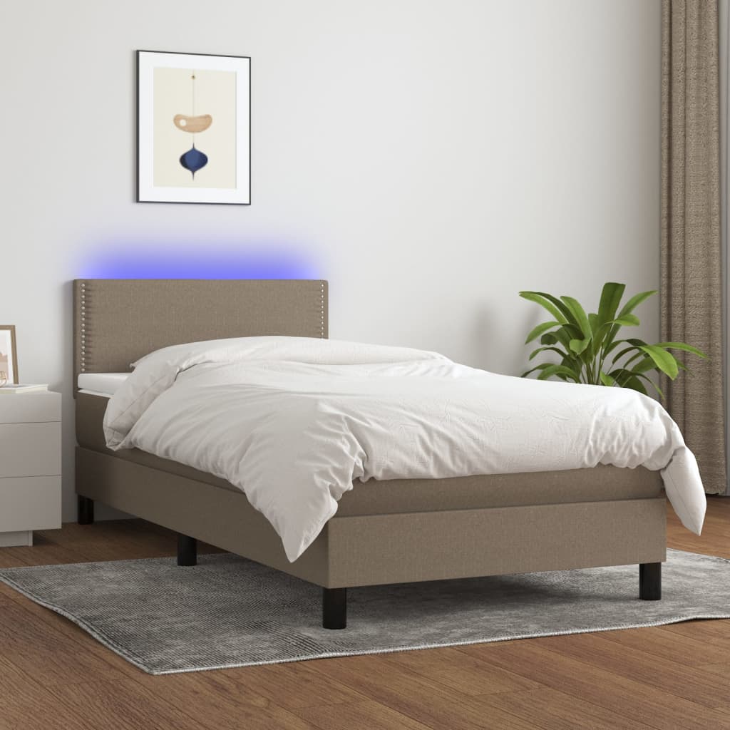 Krevet box spring s madracem LED smeđesivi 90x200 cm tkanina