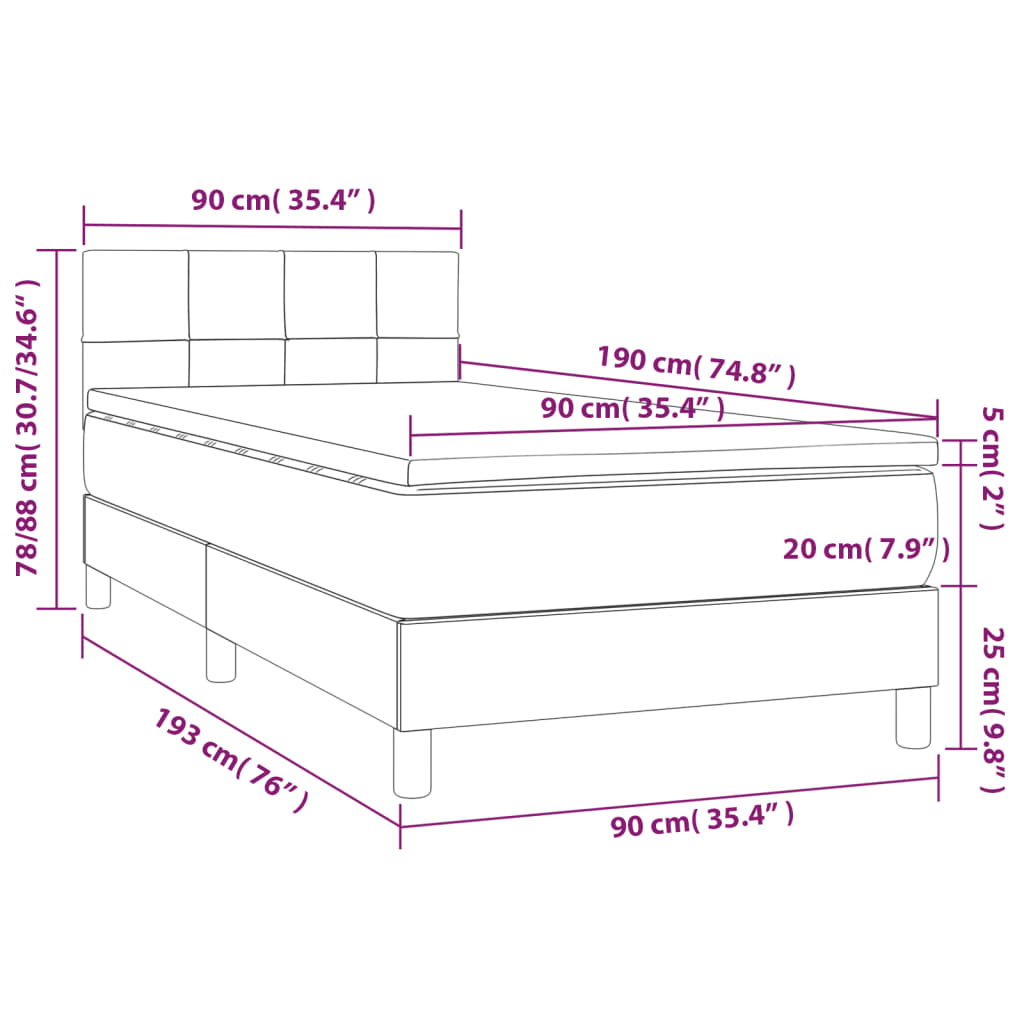 Krevet box spring s madracem LED krem 90x190 cm od tkanine