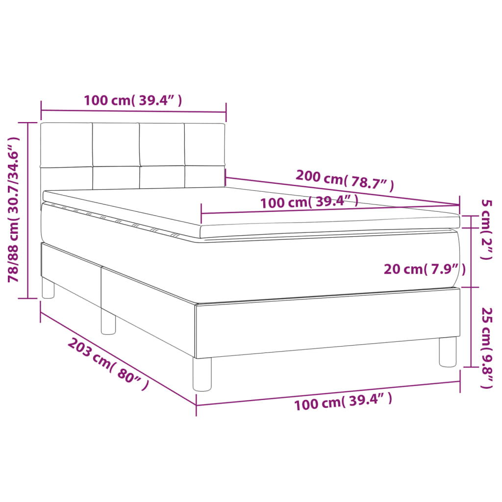 Krevet box spring s madracem LED smeđesivi 100x200 cm tkanina