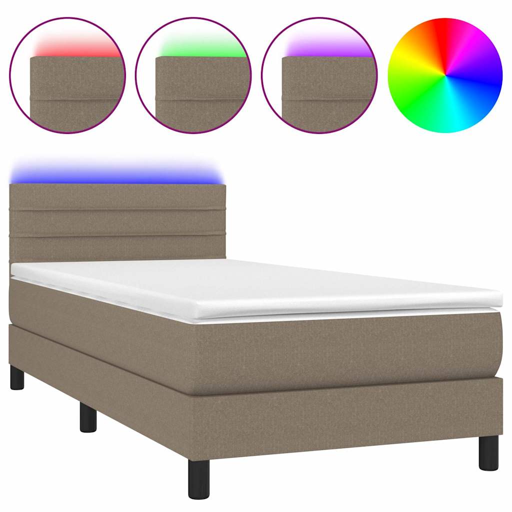 Krevet box spring s madracem LED smeđesivi 90x200 cm tkanina