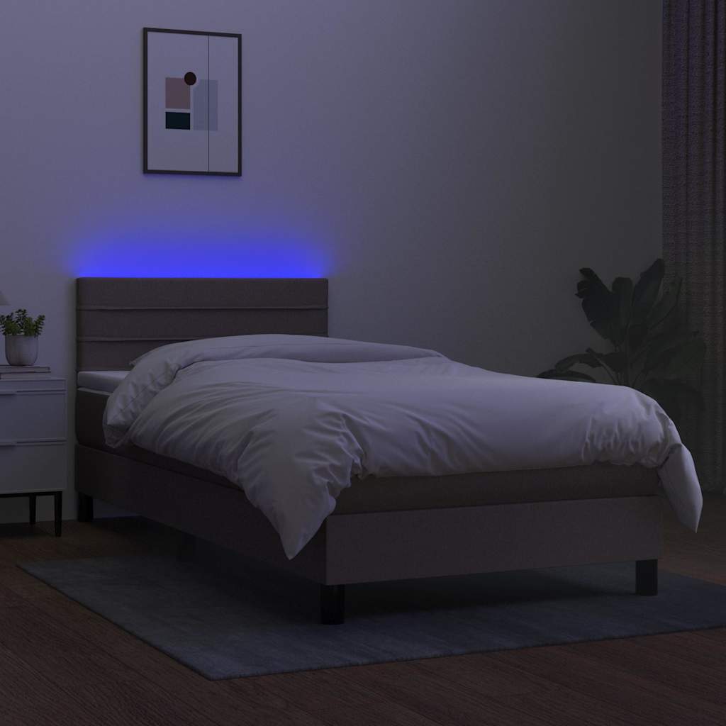 Krevet box spring s madracem LED smeđesivi 90x200 cm tkanina