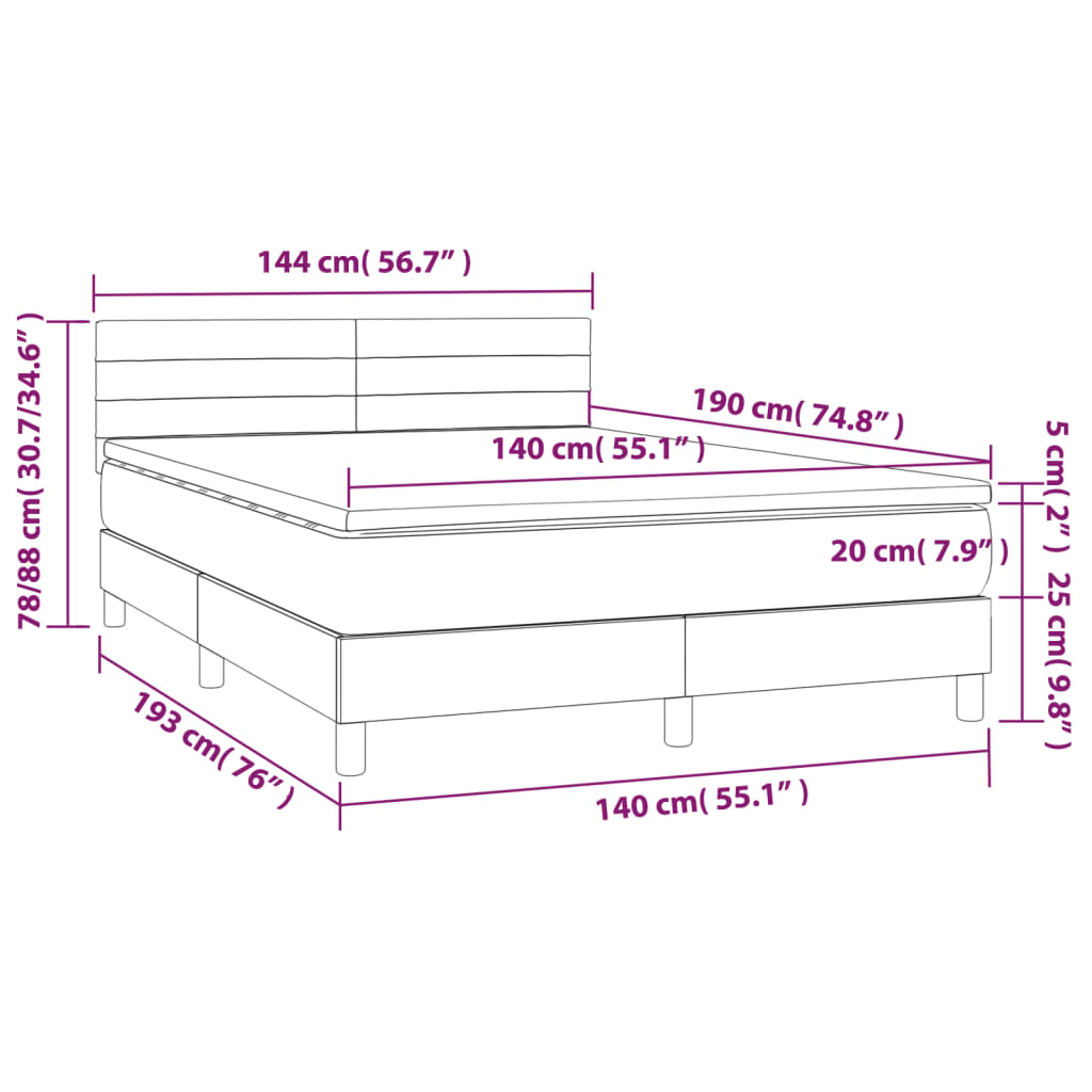 Krevet box spring s madracem LED svjetlosivi 140x190 cm tkanina