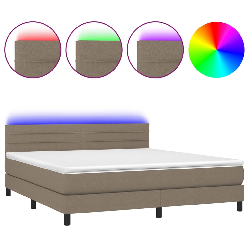 Krevet box spring s madracem LED smeđesivi 180x200 cm tkanina
