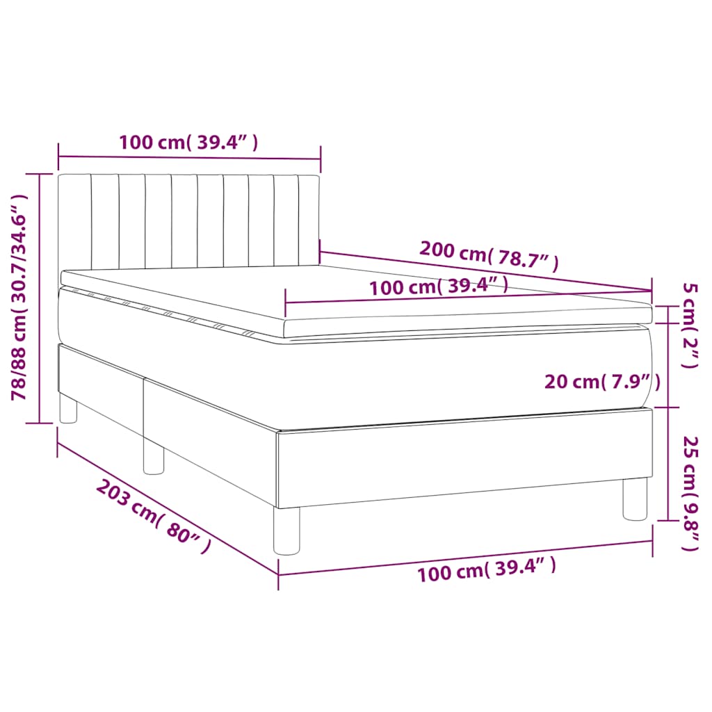 Krevet box spring s madracem LED crni 100x200 cm od tkanine