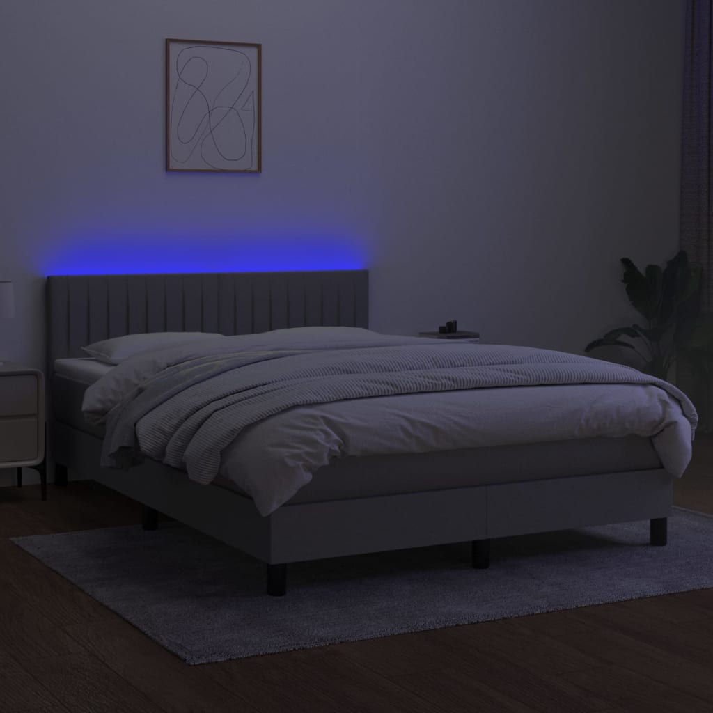 Krevet box spring s madracem LED svjetlosivi 140x200 cm tkanina