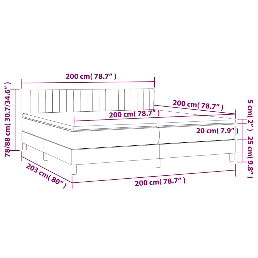 Krevet box spring s madracem LED smeđesivi 200x200 cm tkanina