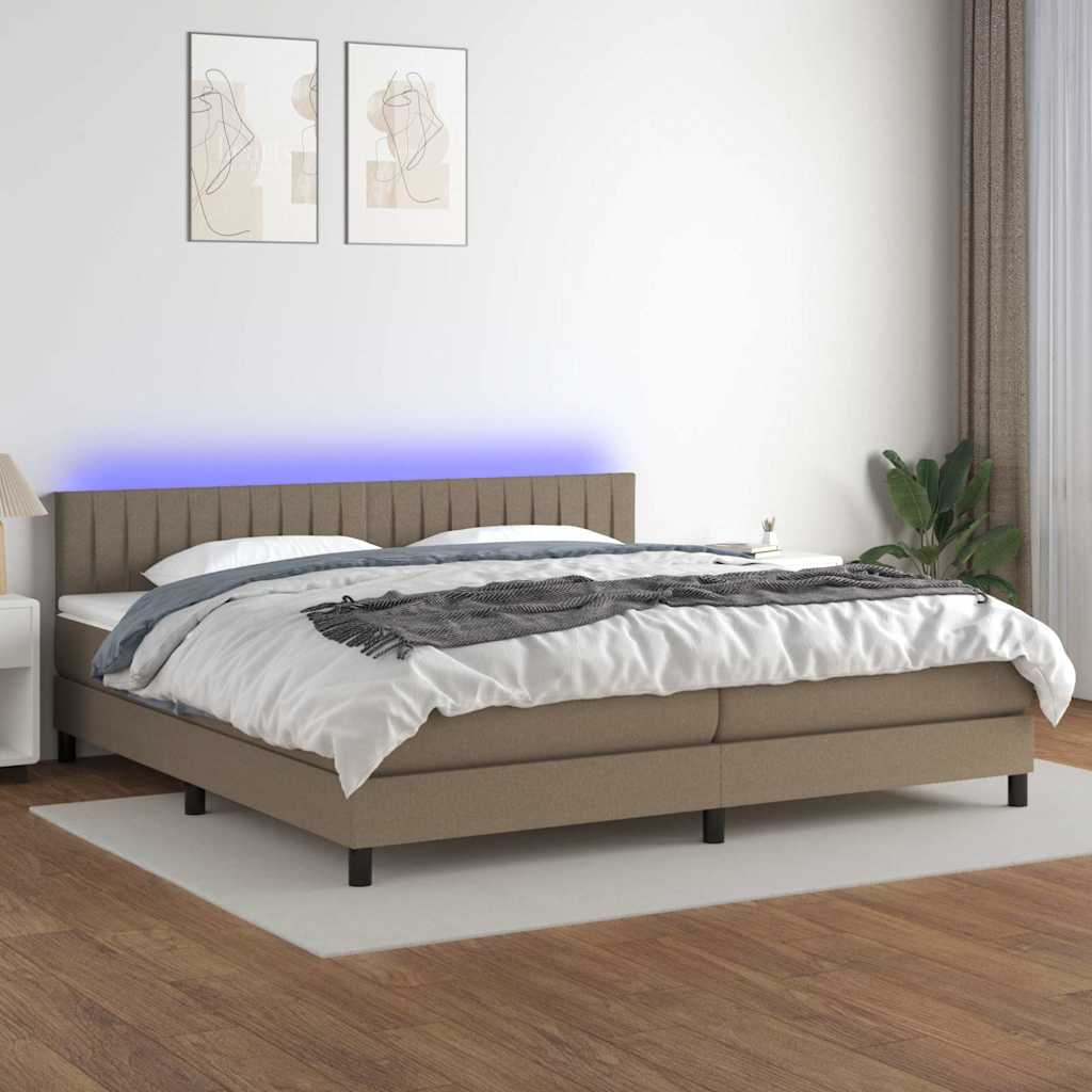 Krevet box spring s madracem LED smeđesivi 200x200 cm tkanina