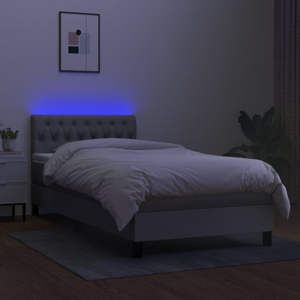 Krevet box spring s madracem LED svjetlosivi 90x190 cm tkanina