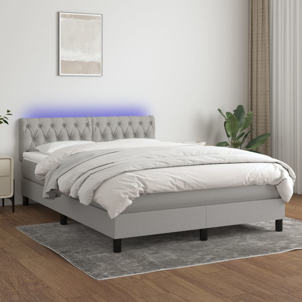 Krevet box spring s madracem LED svjetlosivi 140x200 cm tkanina