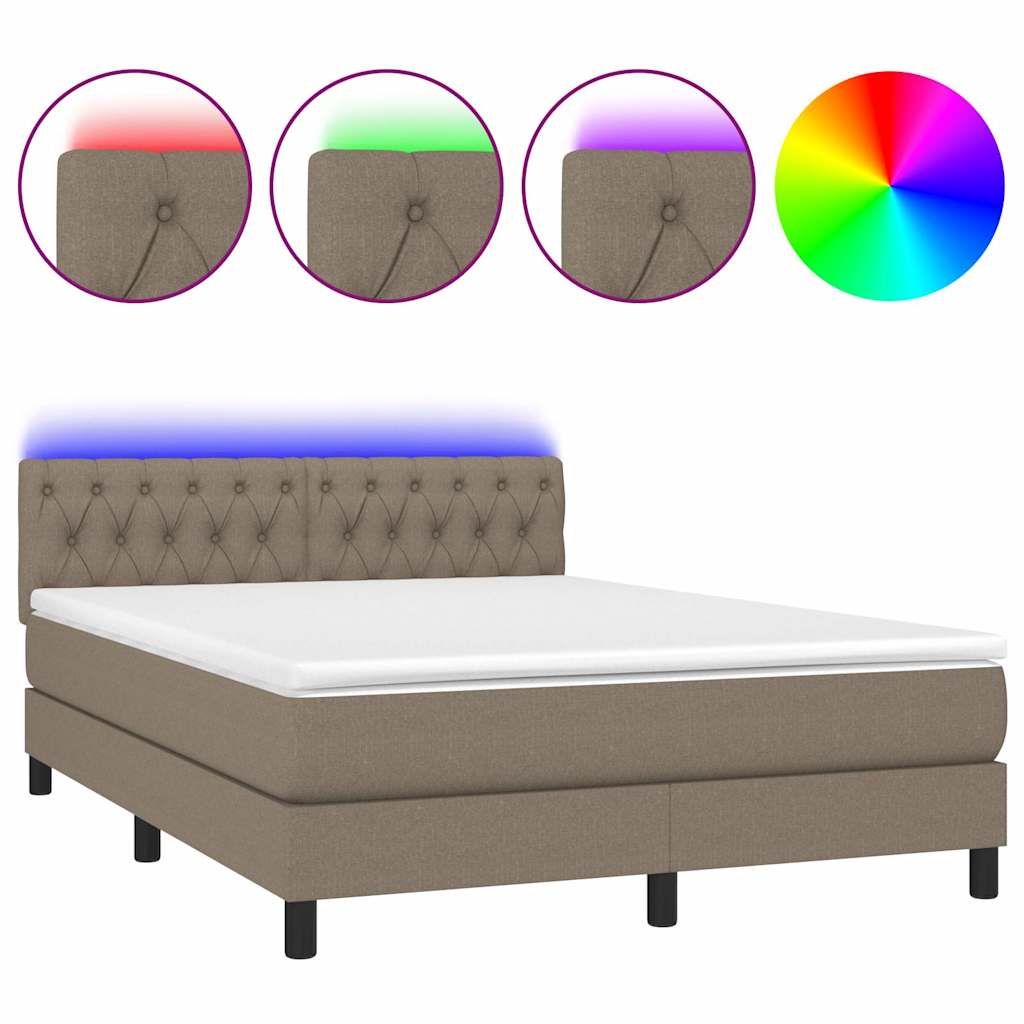 Krevet box spring s madracem LED smeđesivi 140x200 cm tkanina