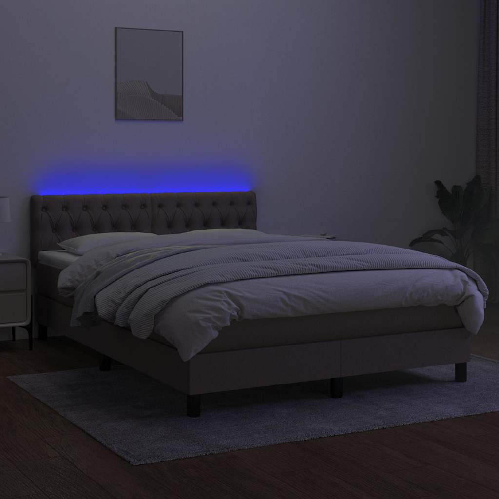 Krevet box spring s madracem LED smeđesivi 140x200 cm tkanina