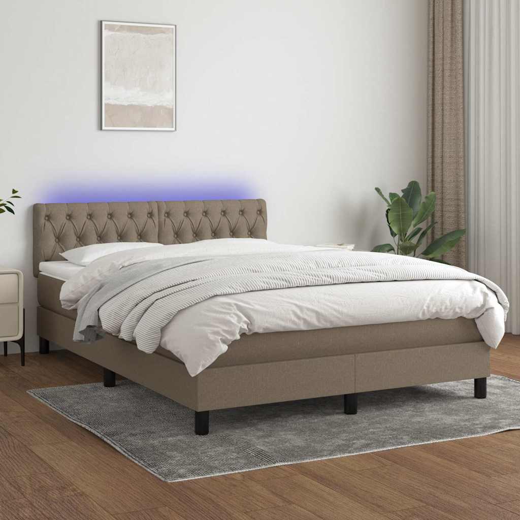 Krevet box spring s madracem LED smeđesivi 140x200 cm tkanina