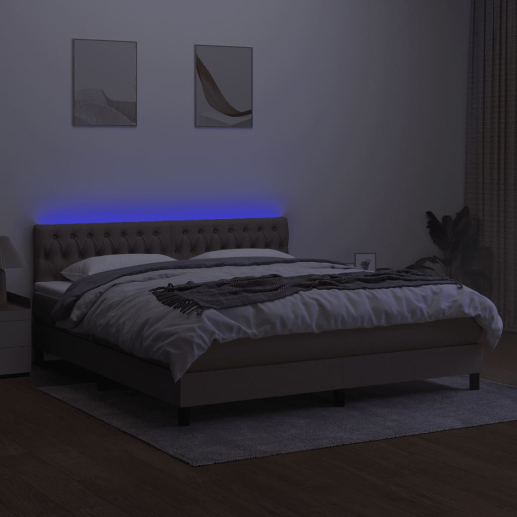 Krevet box spring s madracem LED smeđesivi 160x200 cm tkanina
