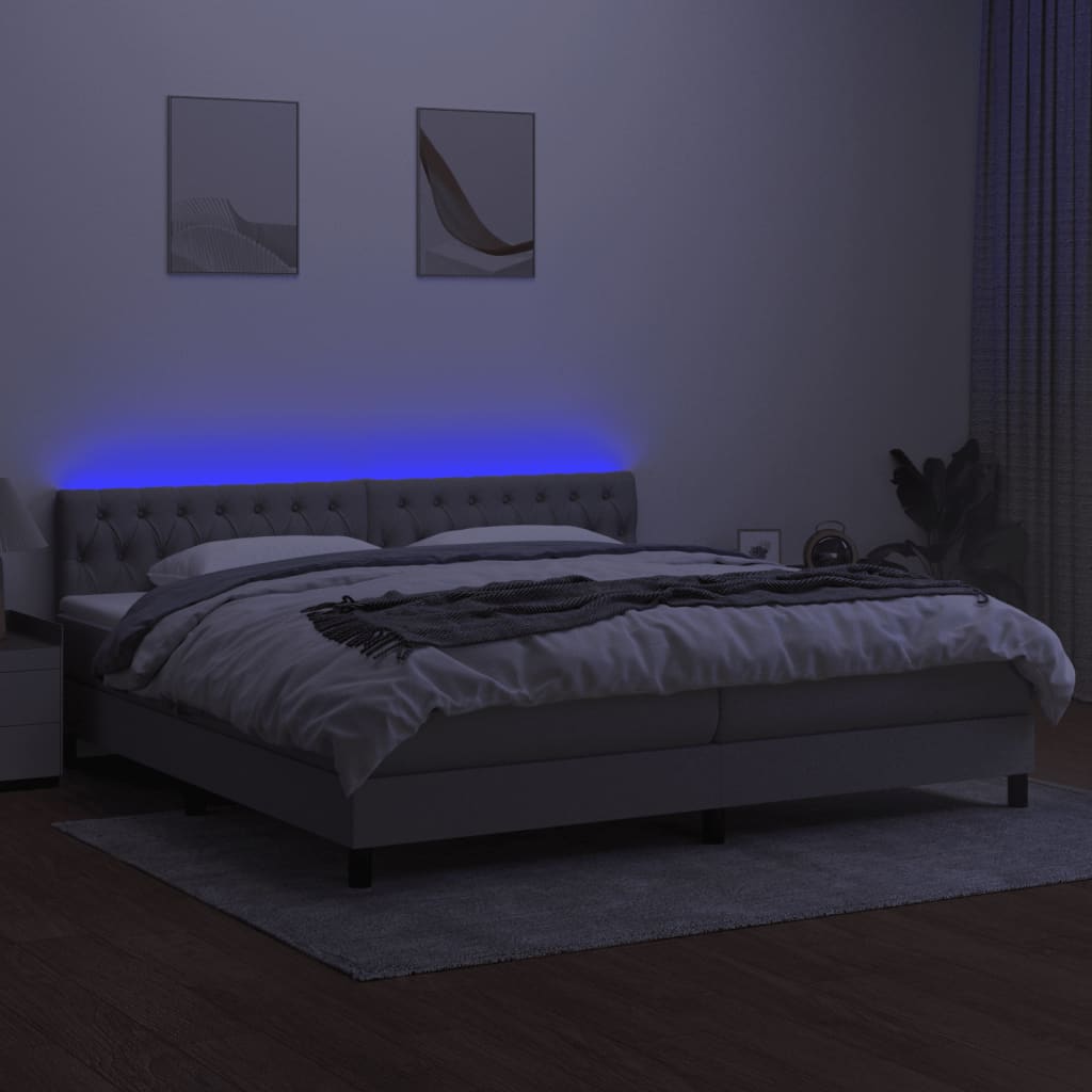 Krevet box spring s madracem LED svjetlosivi 200x200 cm tkanina