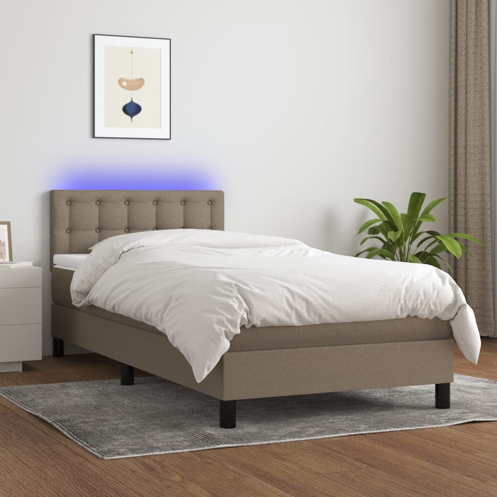 Krevet box spring s madracem LED smeđesivi 90x200 cm tkanina