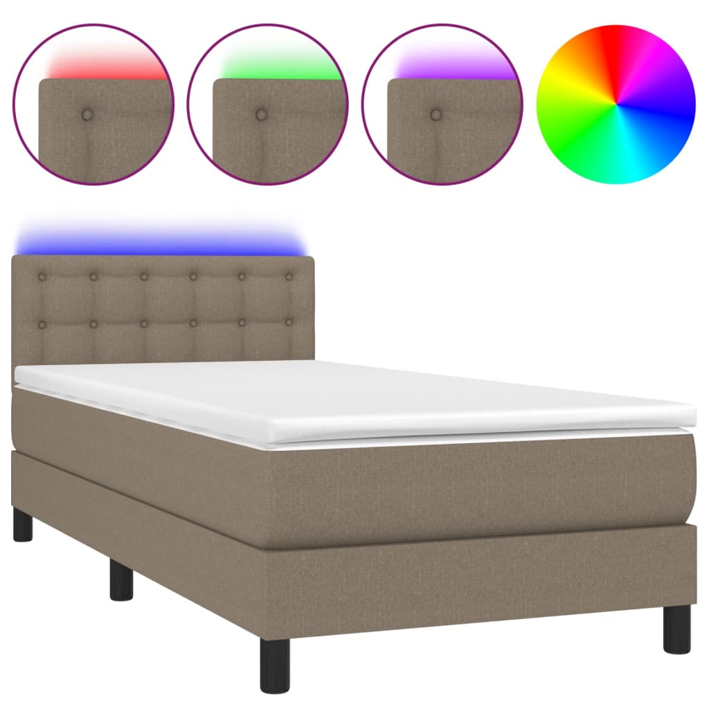 Krevet box spring s madracem LED smeđesivi 100x200 cm tkanina