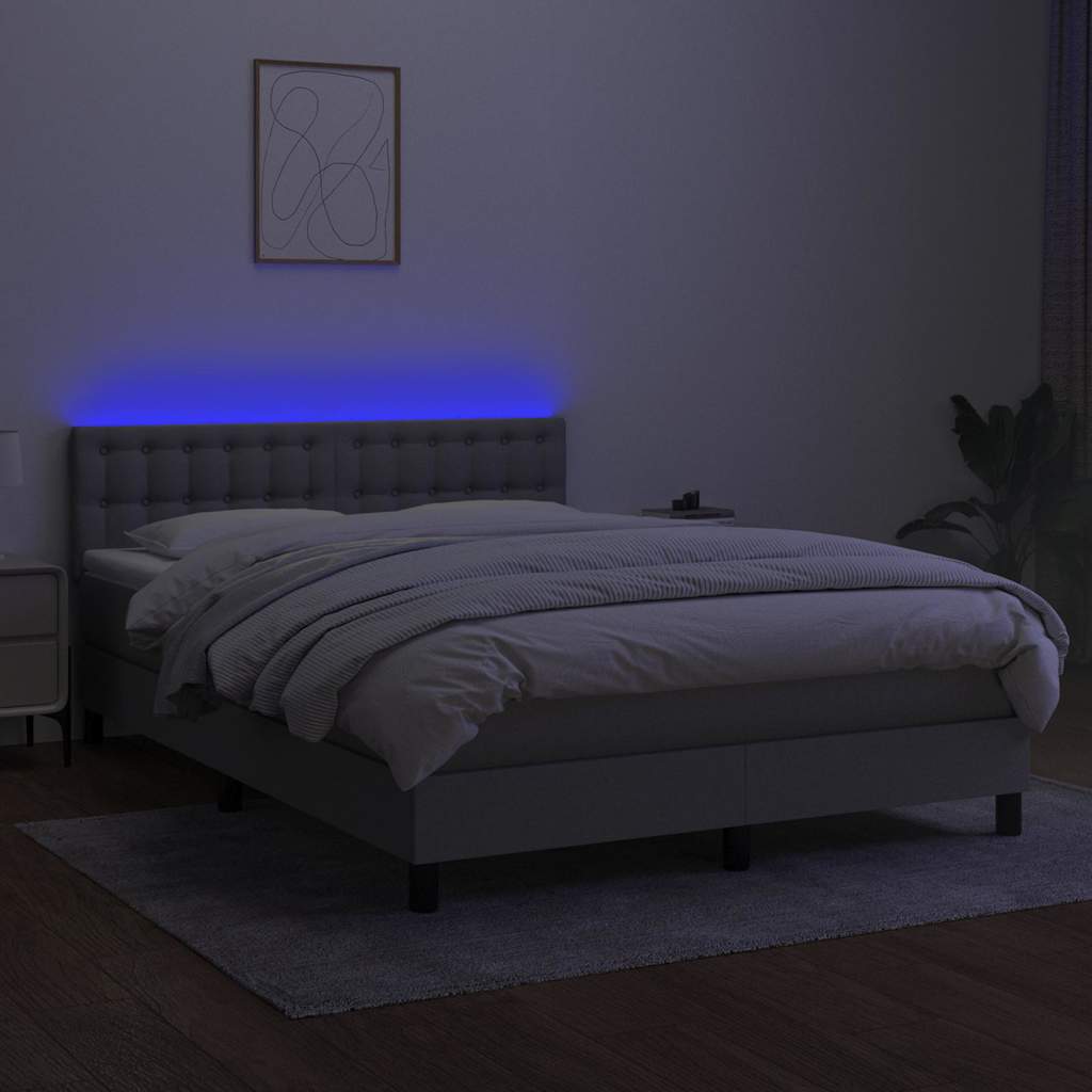 Krevet box spring s madracem LED svjetlosivi 140x190 cm tkanina