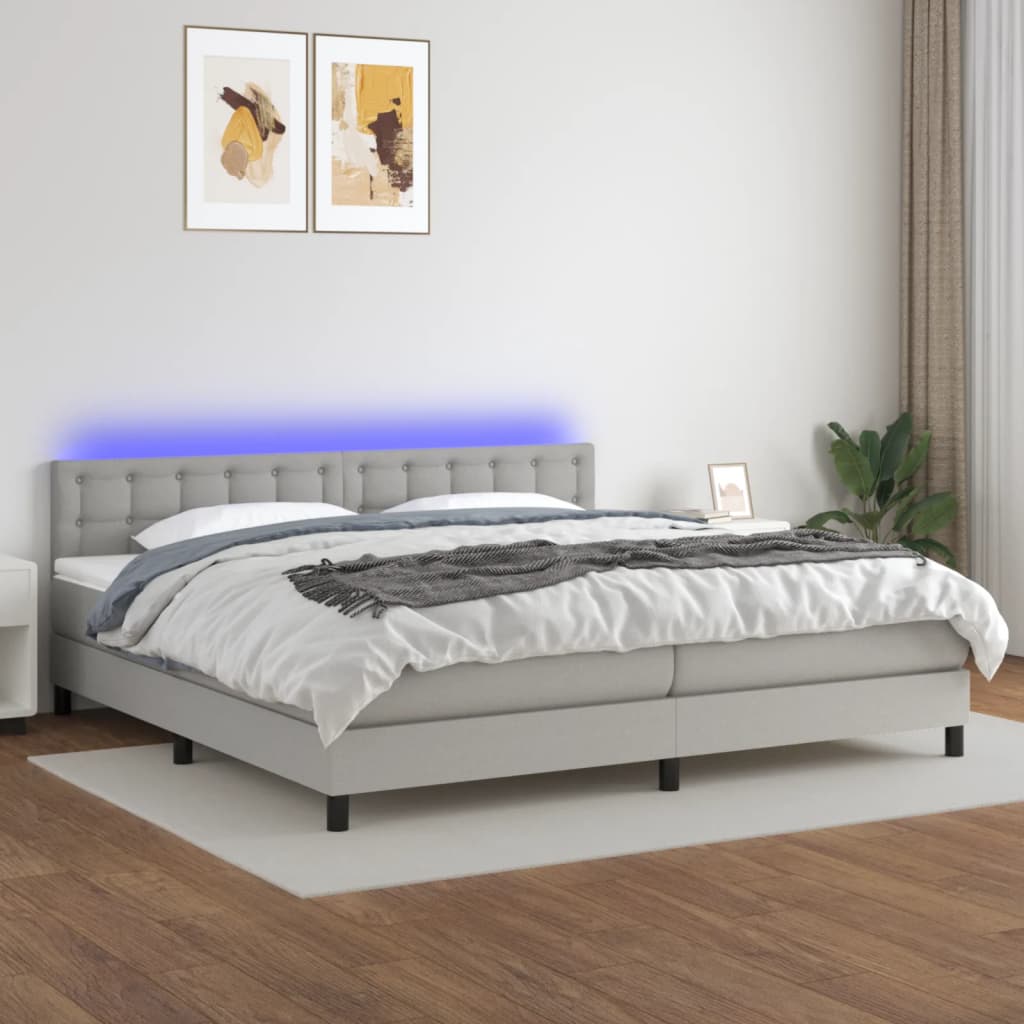Krevet box spring s madracem LED svjetlosivi 200x200 cm tkanina
