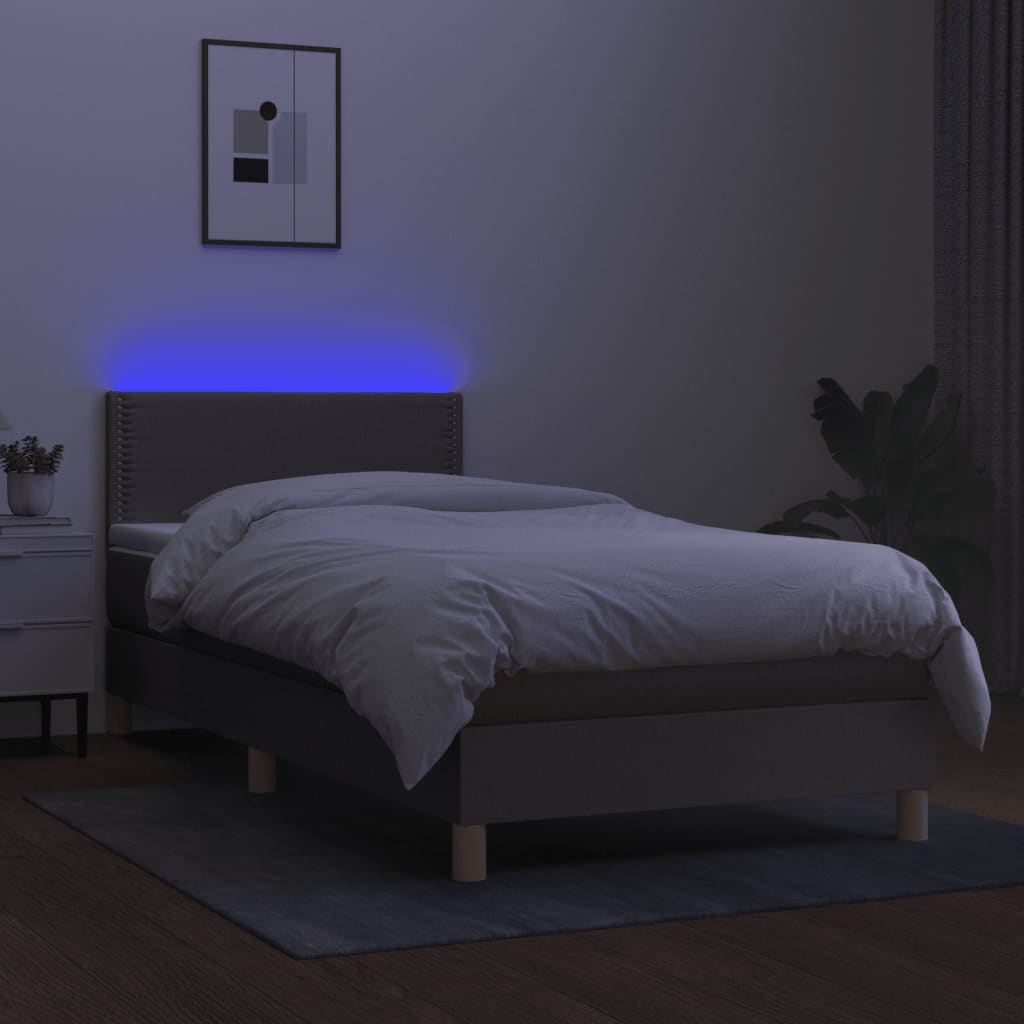 Krevet box spring s madracem LED smeđesivi 90x200 cm tkanina