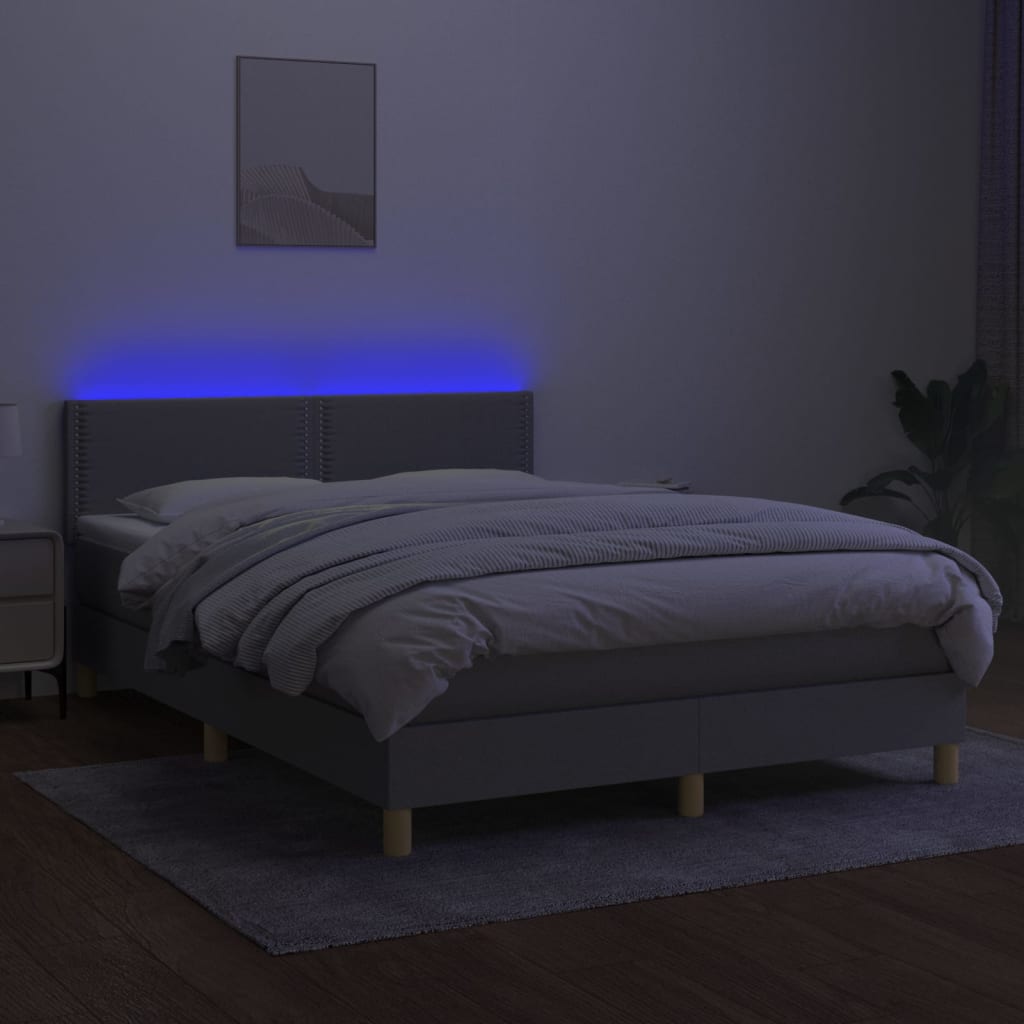 Krevet box spring s madracem LED svjetlosivi 140x190 cm tkanina