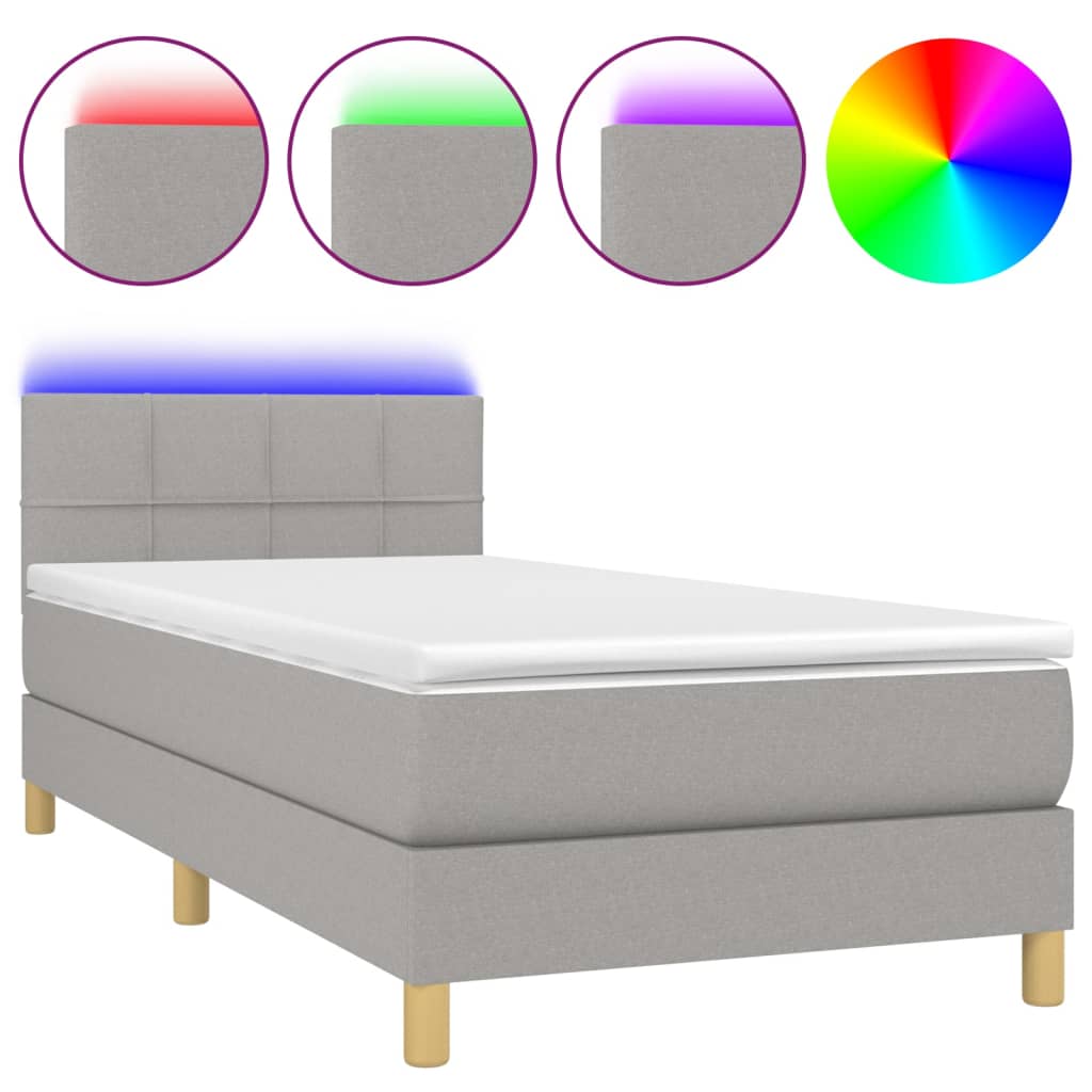 Krevet box spring s madracem LED svjetlosivi 90x190 cm tkanina
