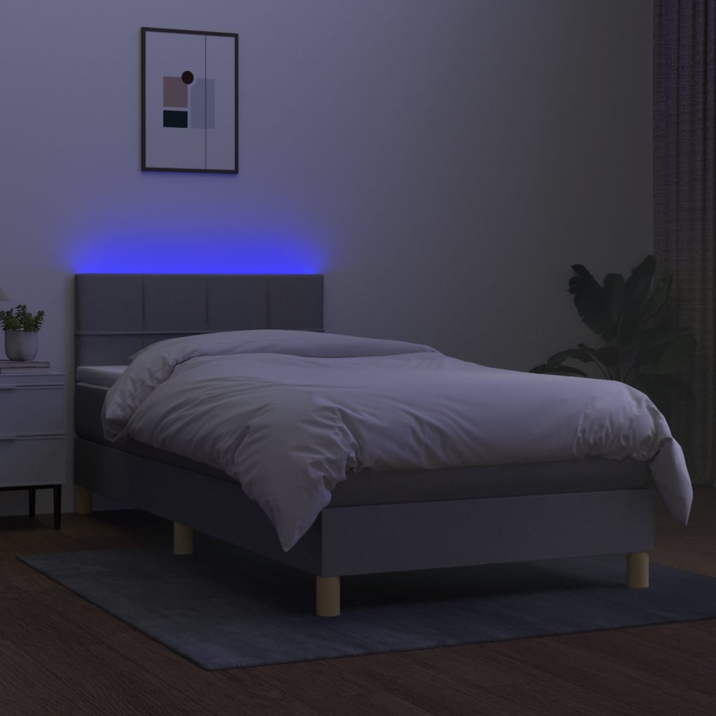 Krevet box spring s madracem LED svjetlosivi 90x190 cm tkanina