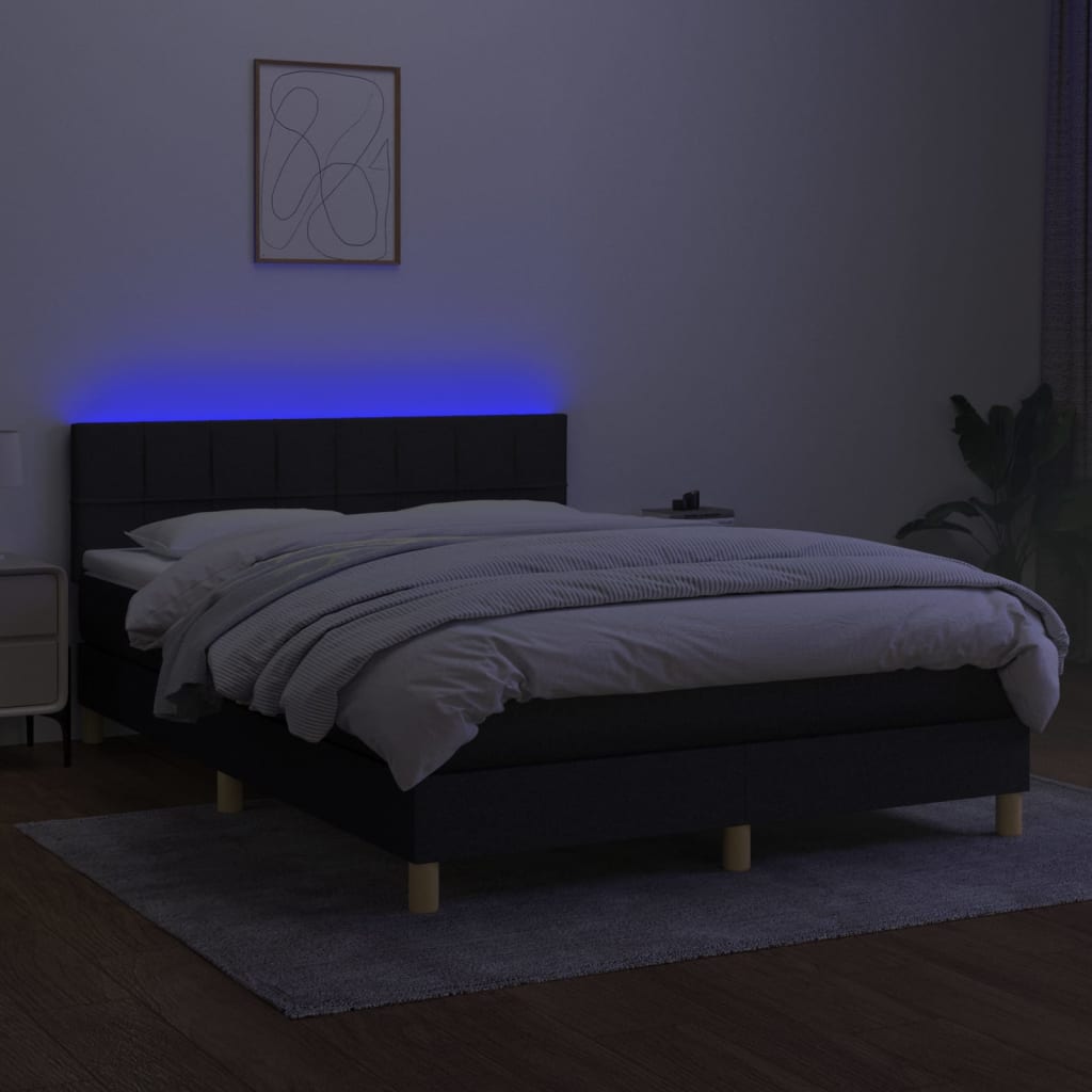 Krevet box spring s madracem LED crni 140x190 cm od tkanine