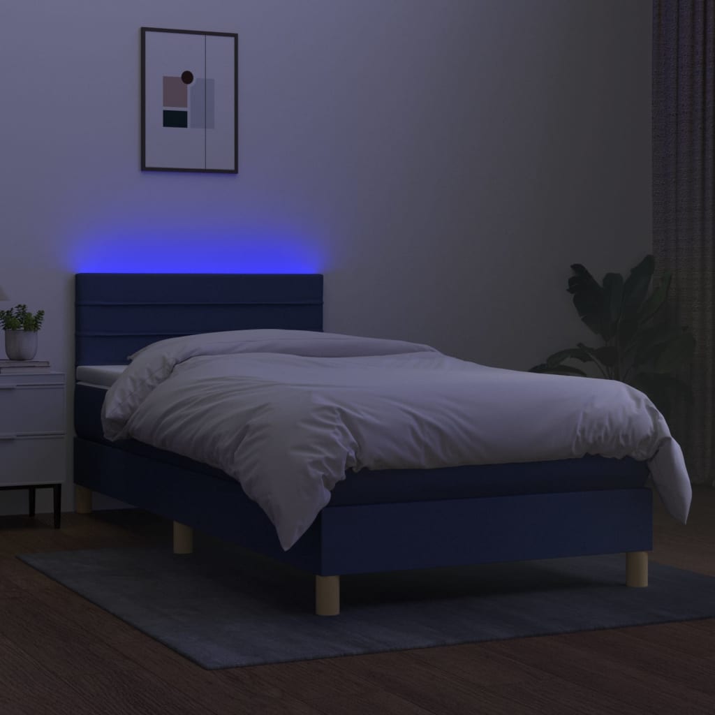 Krevet box spring s madracem LED plavi 90x200 cm od tkanine